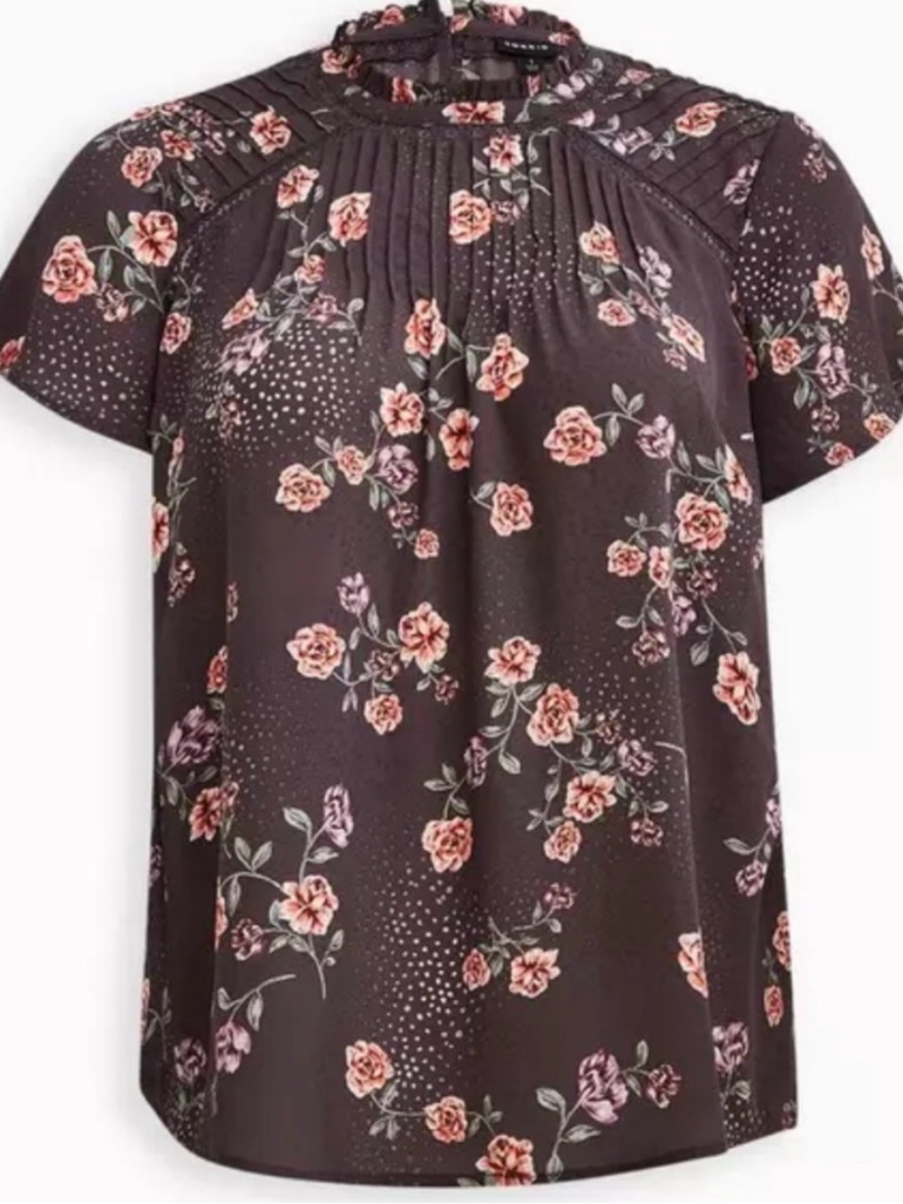 Torrid Georgette  Black Floral Pintuck Mock Neck Top with Pink Roses.